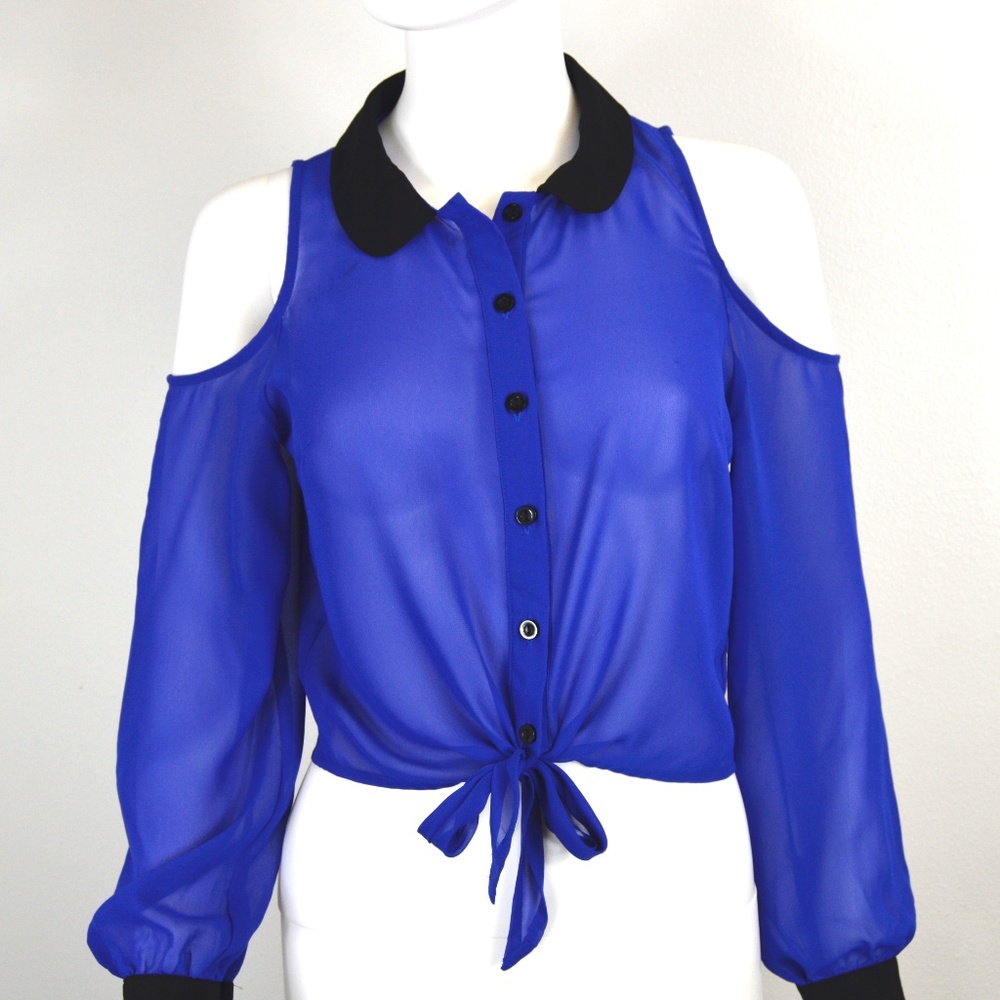 Blue and Black Cold Shoulder Blouse